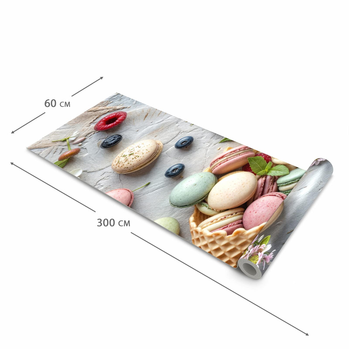 Geruchsneutraler großer Küchenteppich mit Motiv Macarons im Sommer in der Größe 60x150 cm