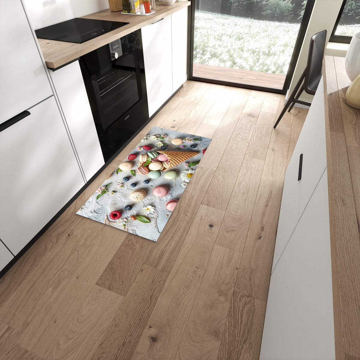 Komfortabler Küchenteppich mit Motiv Macarons im Sommer in moderner Küche #grösse_60 x 120 cm