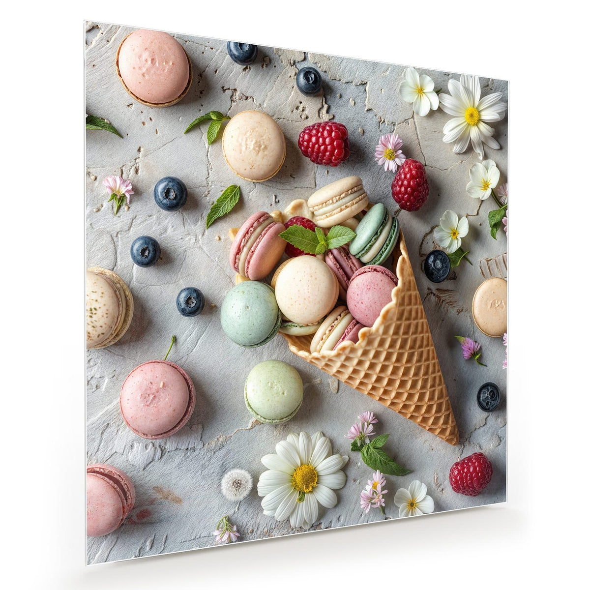 umgekippte Eiswaffel voller Macarons, drumherum Beeren und Blüten