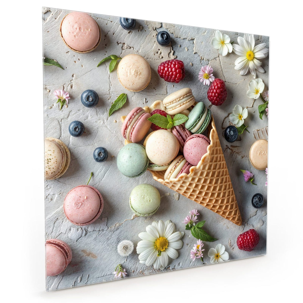 Küchenrückwand aus Glas im quadratischen Format mit Motiv Macarons in der Waffel: Umgekippte Eiswaffel voller Macarons, drumherum Beeren und Blüten #grösse_40 x 40 cm #grösse_50 x 50 cm #grösse_60 x 60 cm