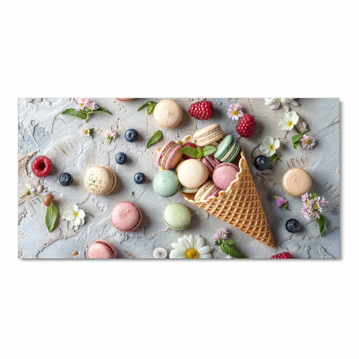 Feuchtigkeitsresistenter moderner Küchenläufer mit Motiv Macarons im Sommer in Frontansicht