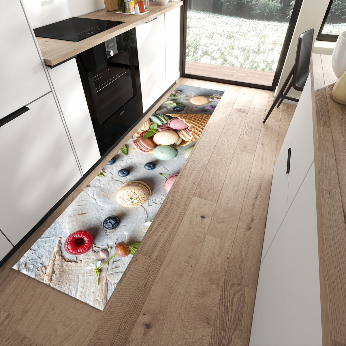 Hygienischer Küchenteppich mit Motiv Macarons im Sommer in moderner Küche