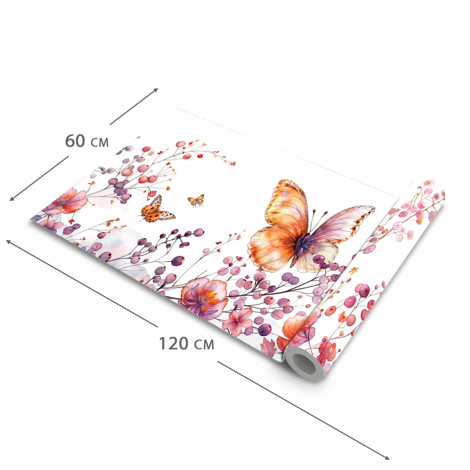 Waschbarer langer Teppich mit Motiv Blumen und Schmetterlinge in der Größe 60x150 cm