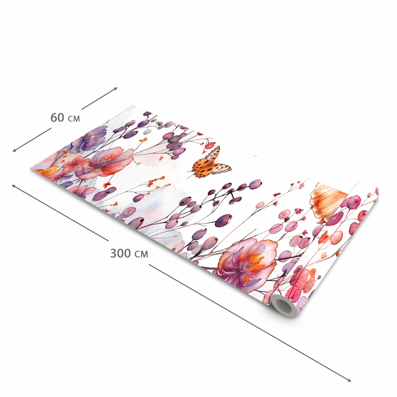 Dünner waschbarer Küchenteppich mit Motiv Blumen und Schmetterlinge in der Grösse 60x150 cm