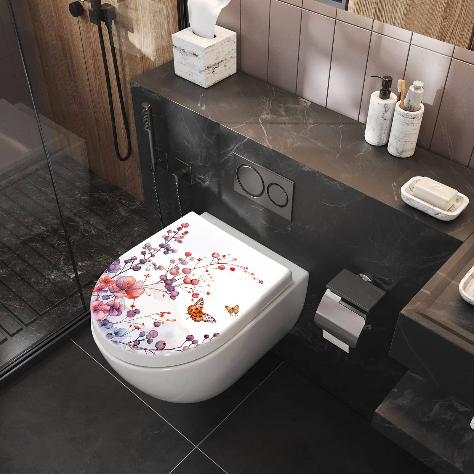 WC-Sitz mit Absenkautomatik Blumen und Schmetterlinge