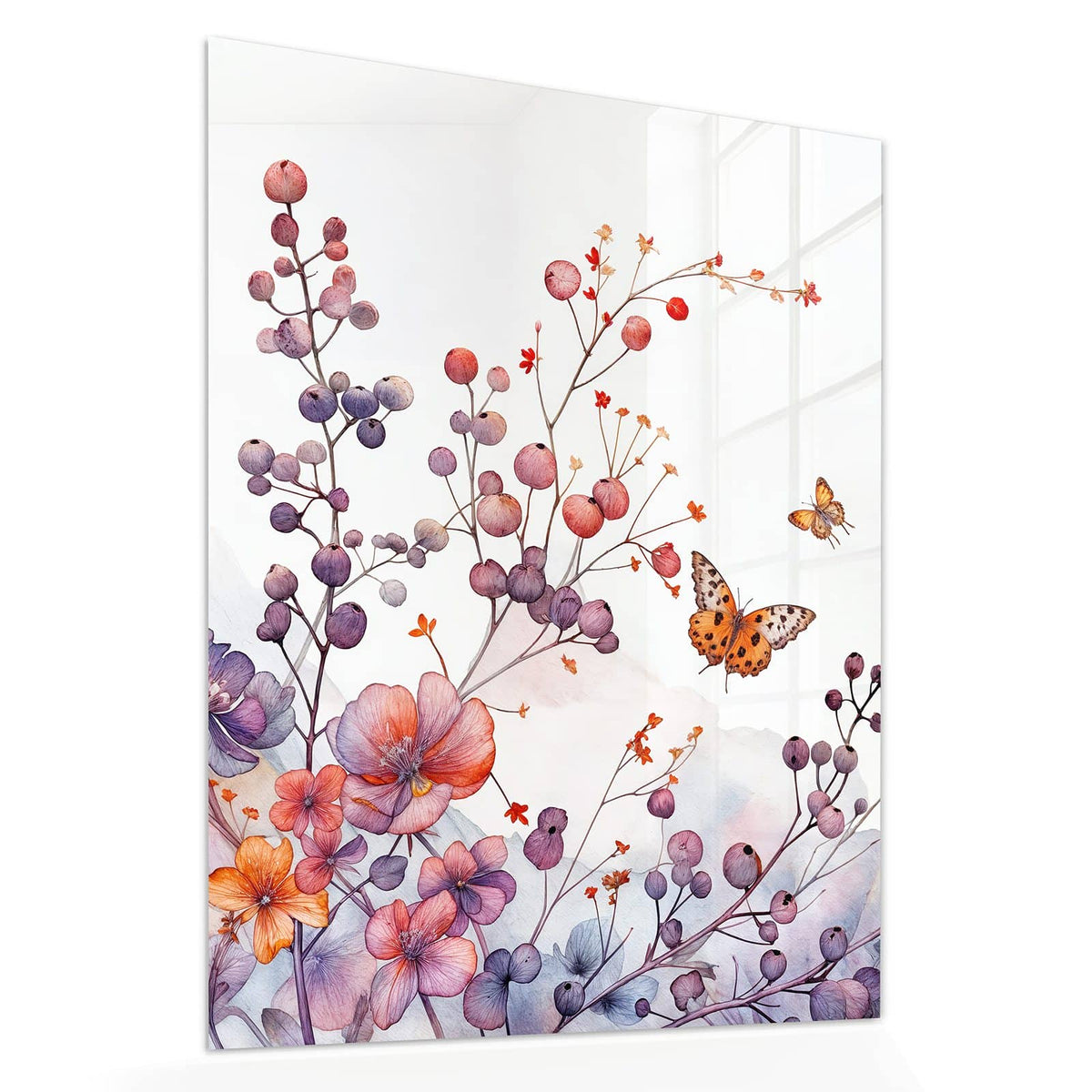 Echtglas, 4 mm – kein Acryl, keine Folie – Wandbild - Falter über Blüten - Hochformat