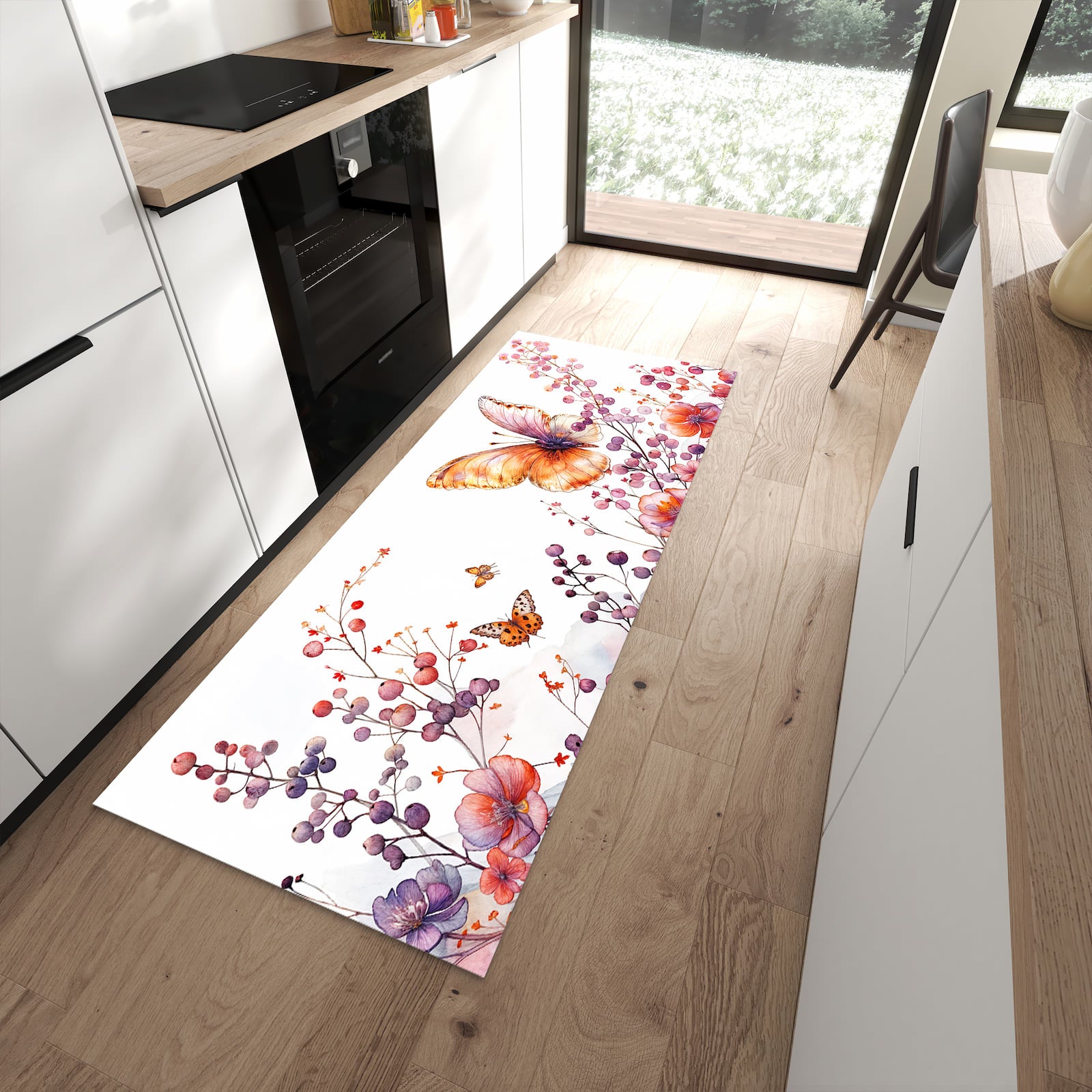 Fleckenresistenter Küchenteppich mit Motiv Blumen und Schmetterlinge in moderner Küche