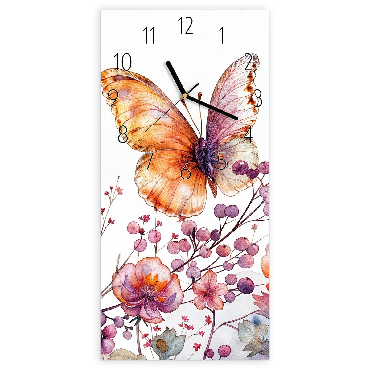 Wanduhr aus Glas, Ziffernblatt Elegant mit Motiv Falter über Blüten: Ein großer oranger Schmetterling über rosa Blütenzweigen, Aquarell #ziffernblatt_Elegant