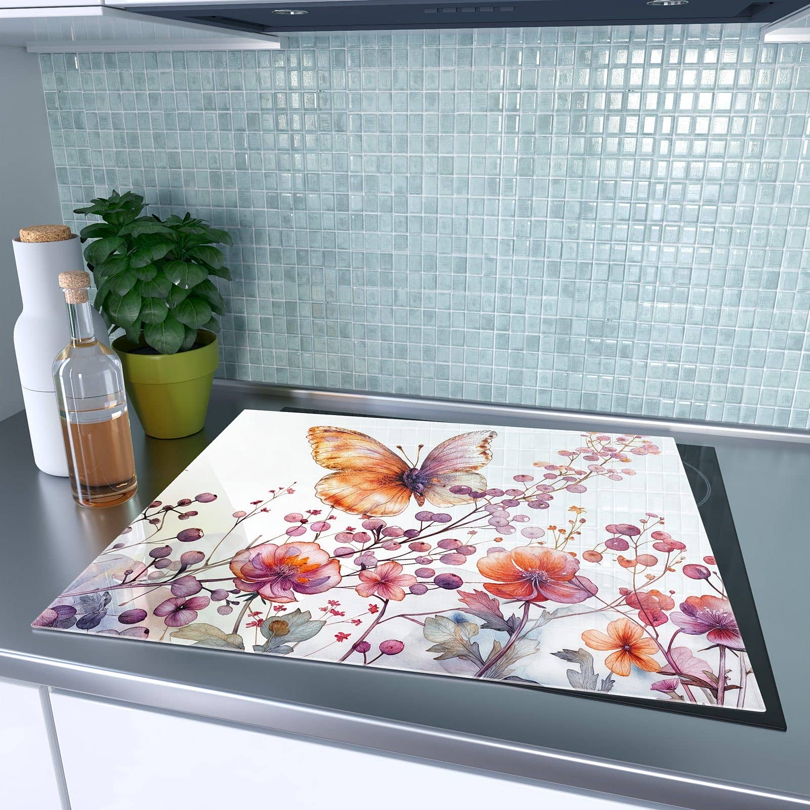 1-teilige Herdabdeckung mit Blumen und Schmetterlinge-Motiv auf dem Ceranfeld
