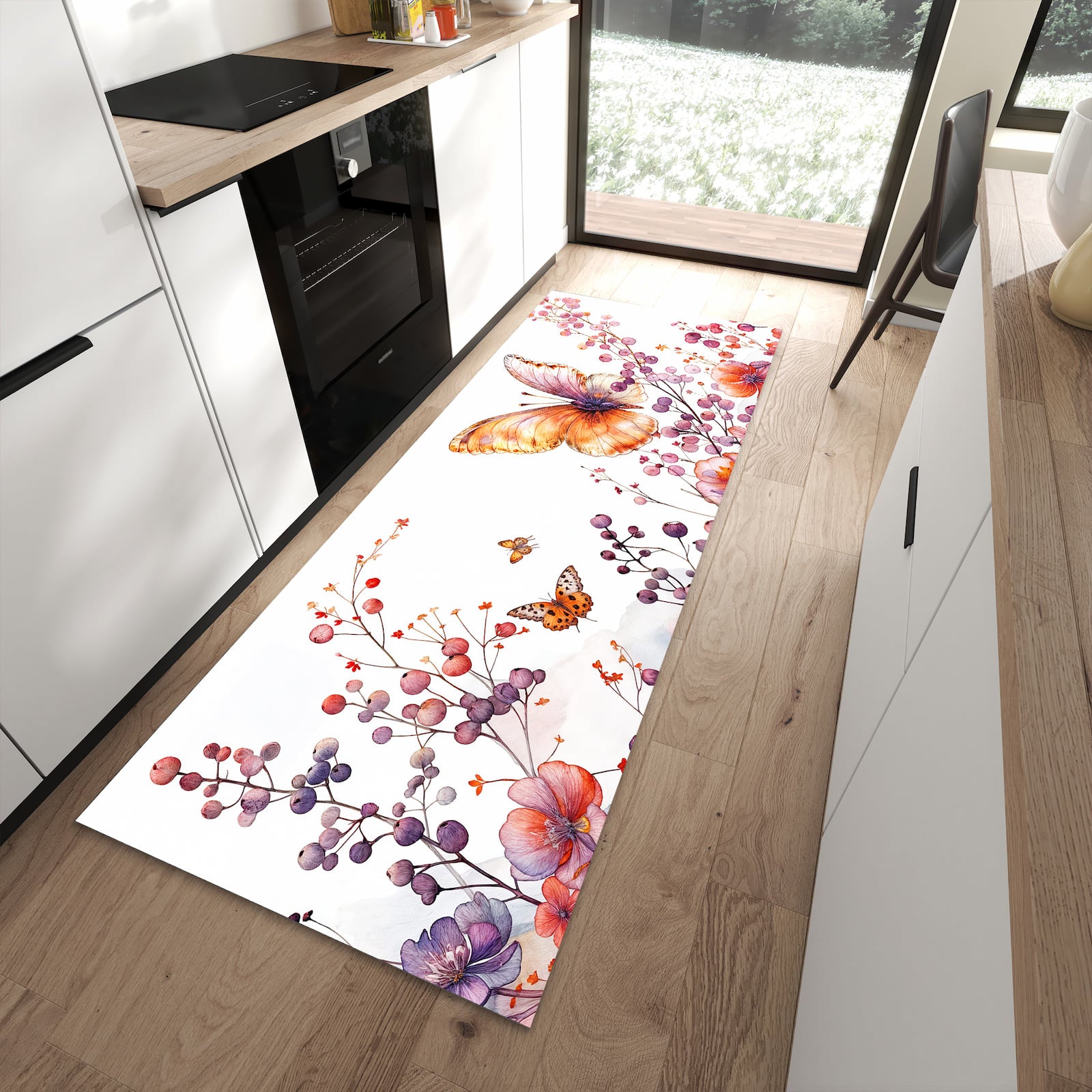 Pflegeleichter Küchenteppich mit Motiv Blumen und Schmetterlinge in moderner Küche