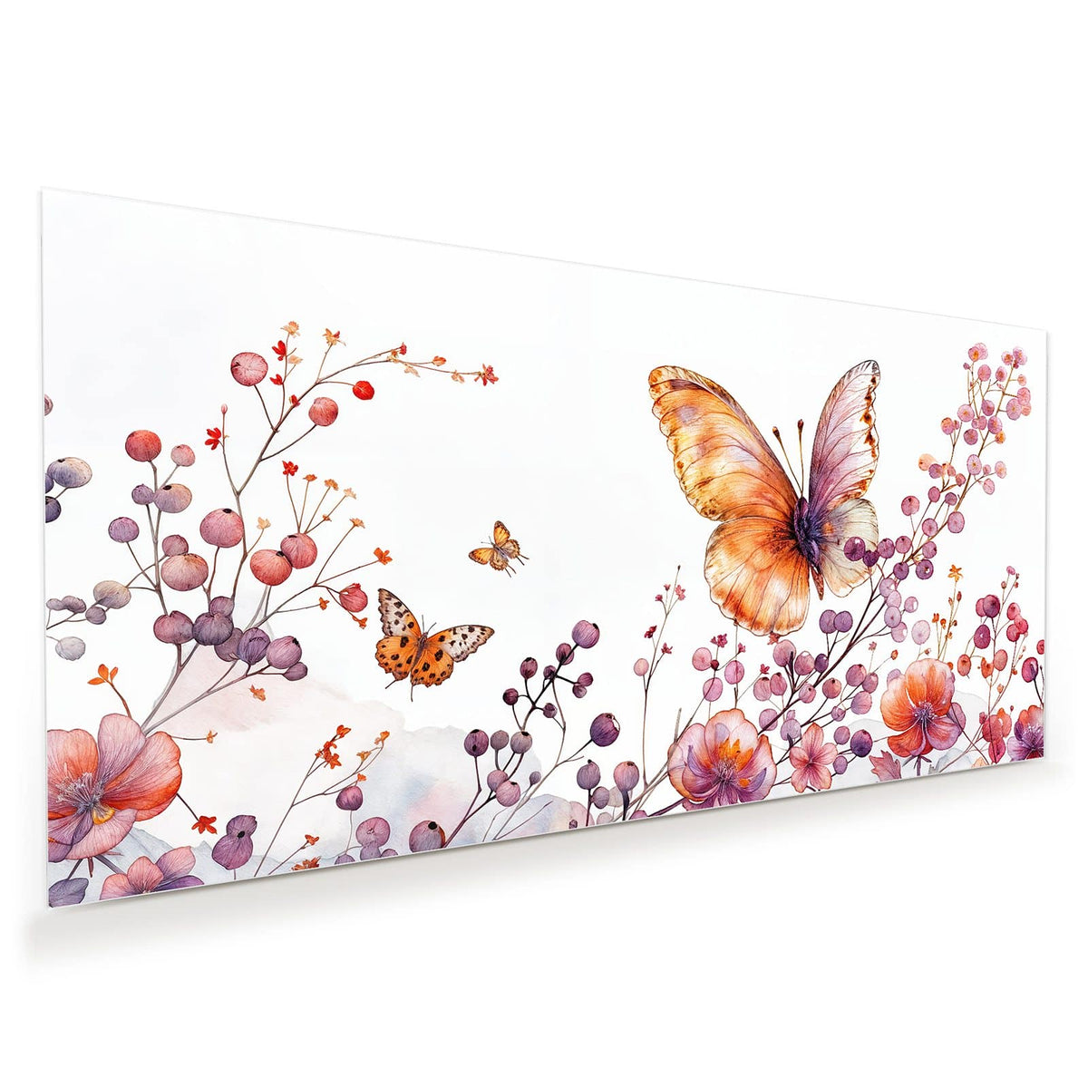 Ein großer oranger Schmetterling über rosa Blütenzweigen, Aquarell