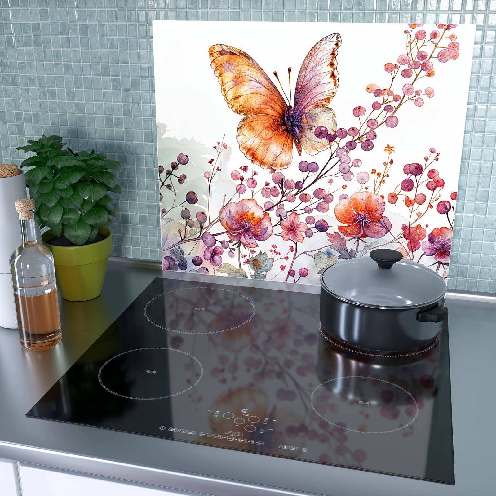 1-teilige Herdabdeckplatte mit Blumen und Schmetterlinge-Motiv als Spritzschutz hinter dem Kochfeld