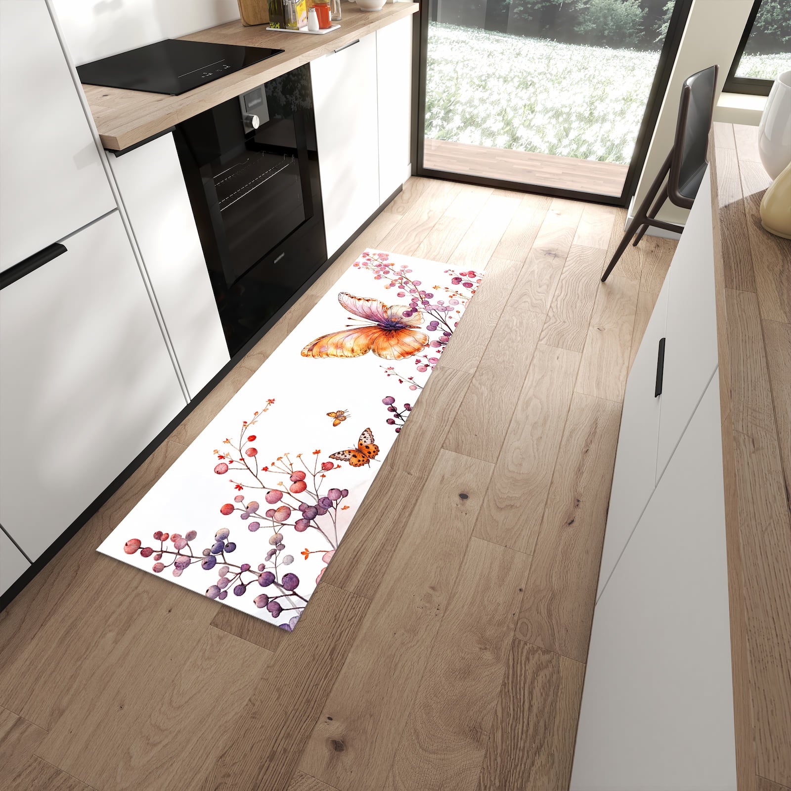 Geräuschdämpfender waschbarer Küchenläufer mit Motiv Blumen und Schmetterlinge in moderner Küche