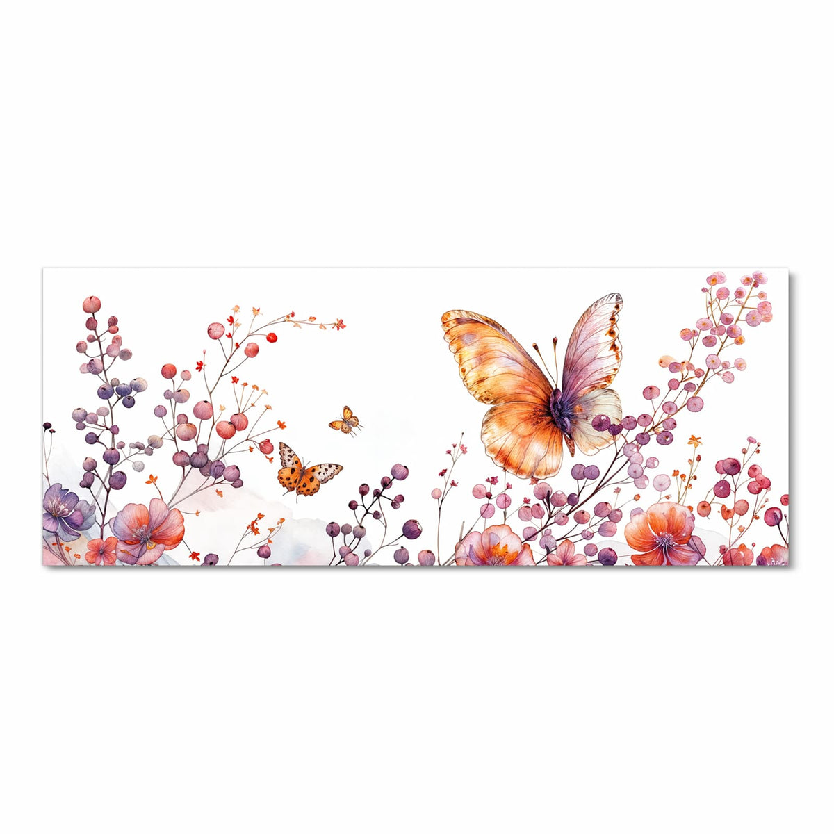 Ein großer oranger Schmetterling über rosa Blütenzweigen, Aquarell