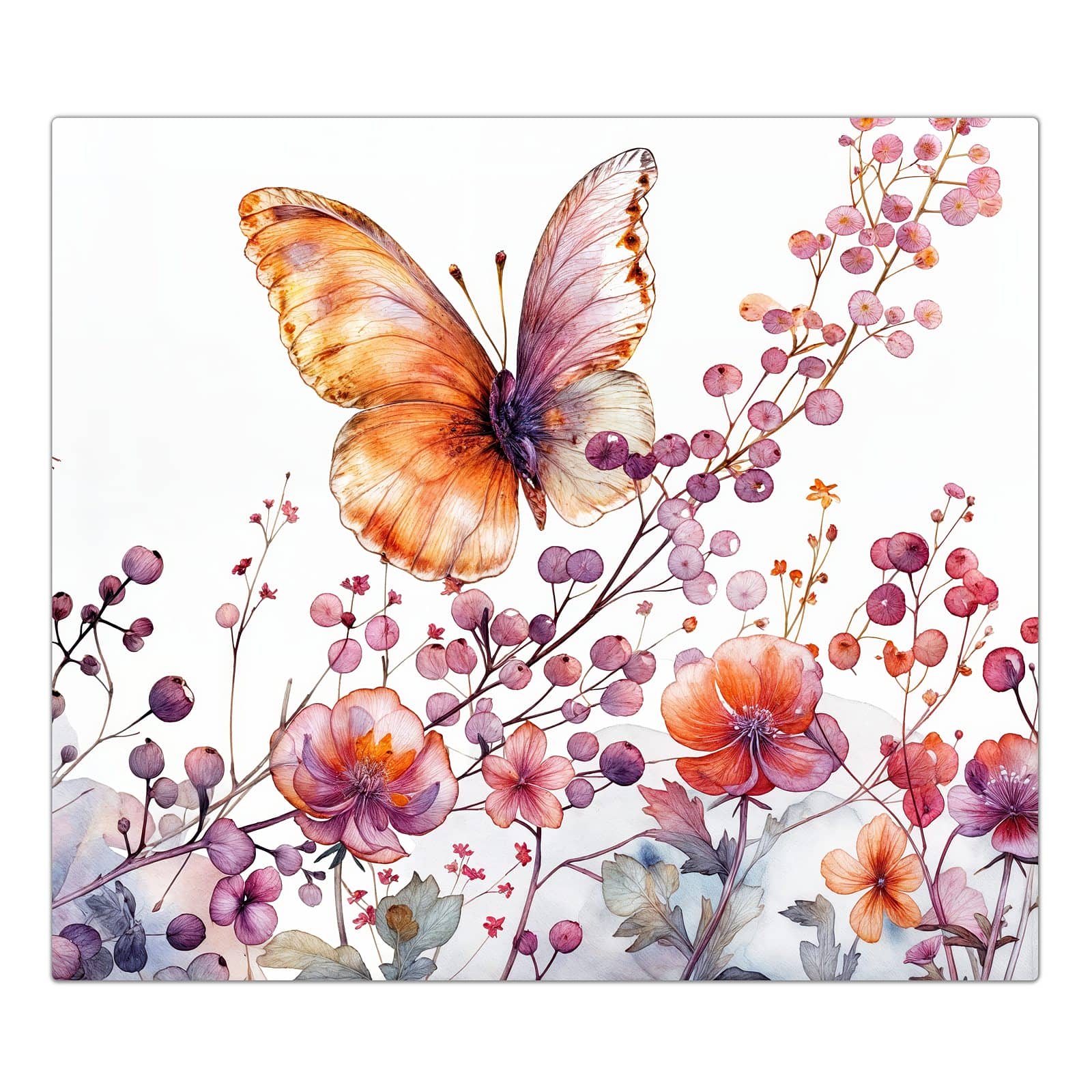 1-teilige Herdabdeckung aus Glas mit Blumen und Schmetterlinge-Motiv in der Frontansicht #grösse_1-Teilig (60x52cm)