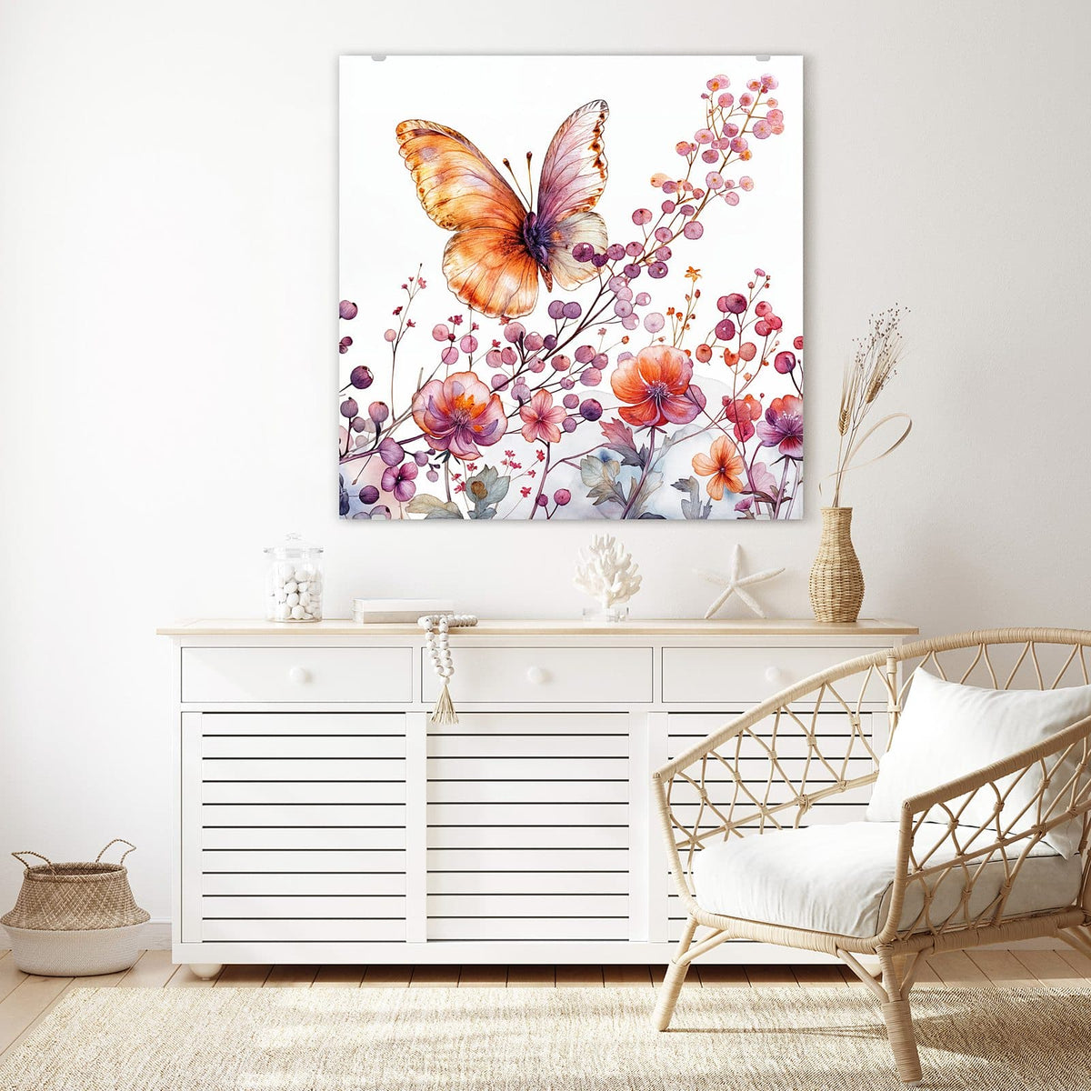 Echtglas, 4 mm – kein Acryl, keine Folie – Wandbild - Falter über Blüten - Quadratisch