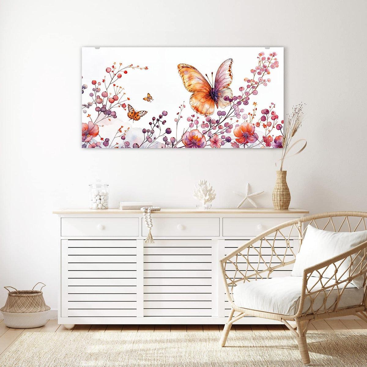Echtglas, 4 mm – kein Acryl, keine Folie – Wandbild - Falter über Blüten - Querformat