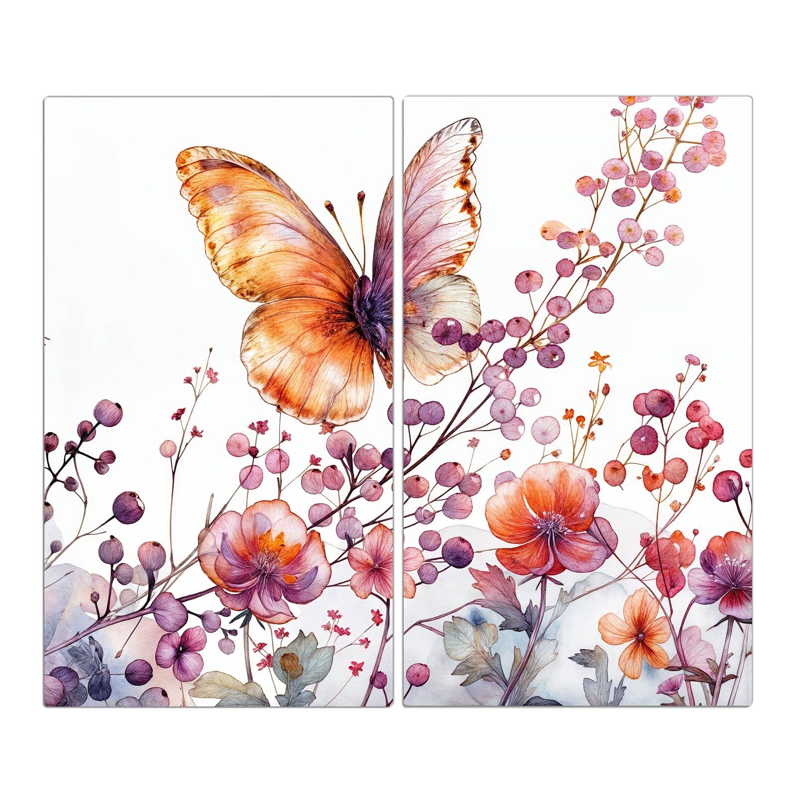 2-teilige Abdeckplatte für Induktionsherd mit Blumen und Schmetterlinge-Motiv in der Frontansicht #grösse_2-Teilig (60x52cm)