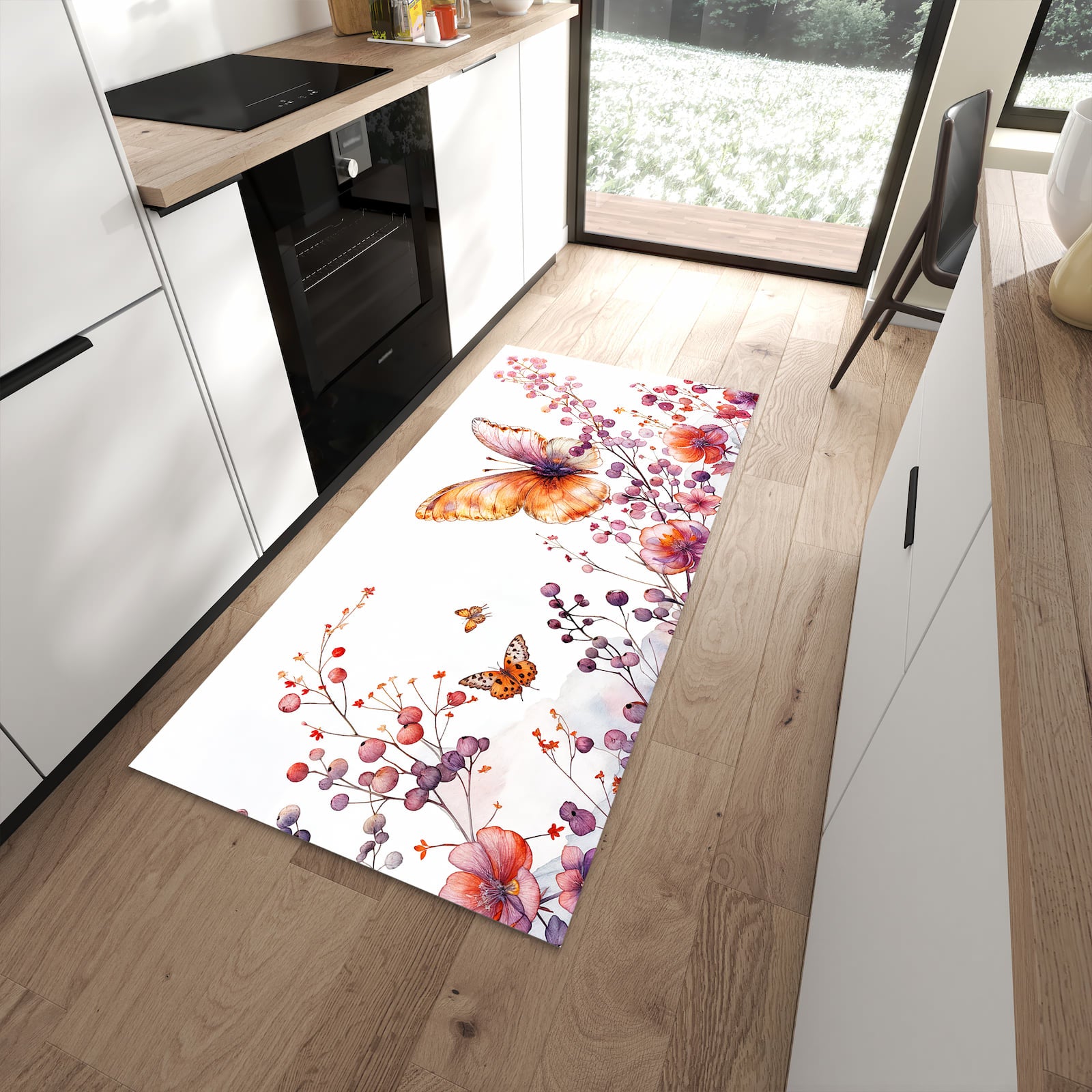 Flacher Küchenteppich mit Motiv Blumen und Schmetterlinge in moderner Küche