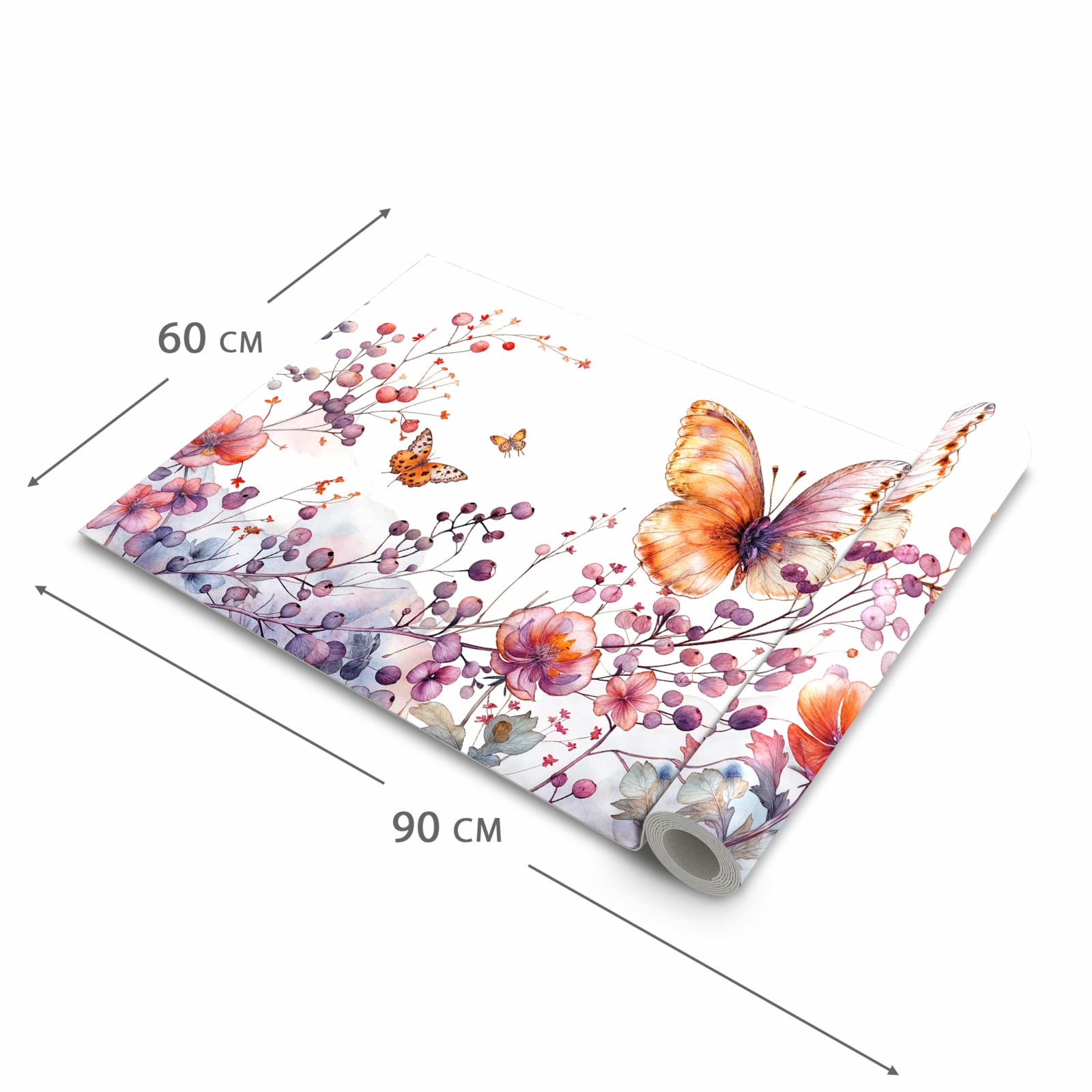 Bodenschonender waschbarer Teppich fürs Esszimmer mit Motiv Blumen und Schmetterlinge in der Grösse 60x150 cm