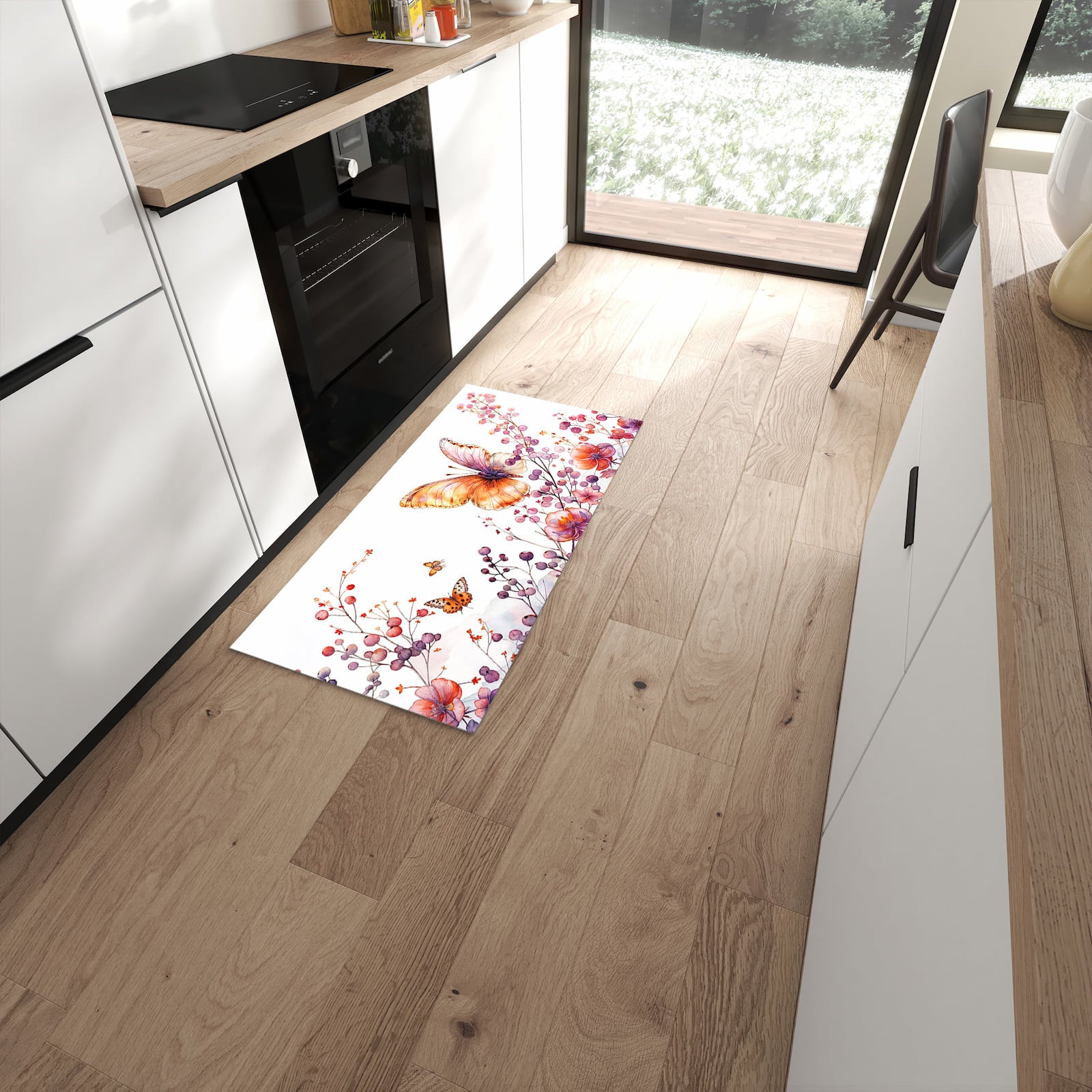 Sicherer Küchenläufer mit Motiv Blumen und Schmetterlinge in moderner Küche #grösse_60 x 120 cm