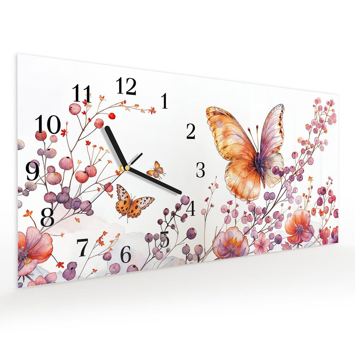 Vormontiert – mit Schwebeeffekt – Wanduhr Blumen und Schmetterlinge aus Glas – Querformat 60 × 30 cm