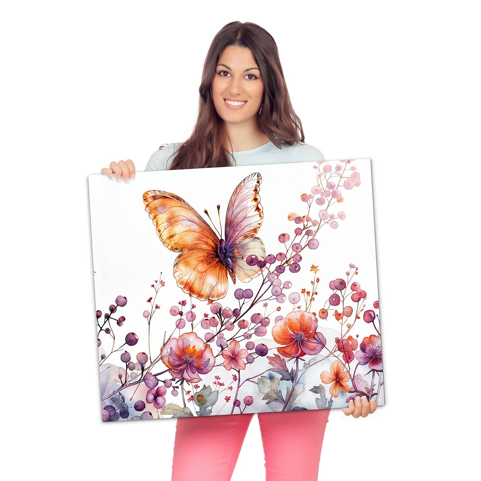 Herdabdeckplatten für Ceranfeld mit Blumen und Schmetterlinge-Motiv wird zur Größendarstellung gehalten