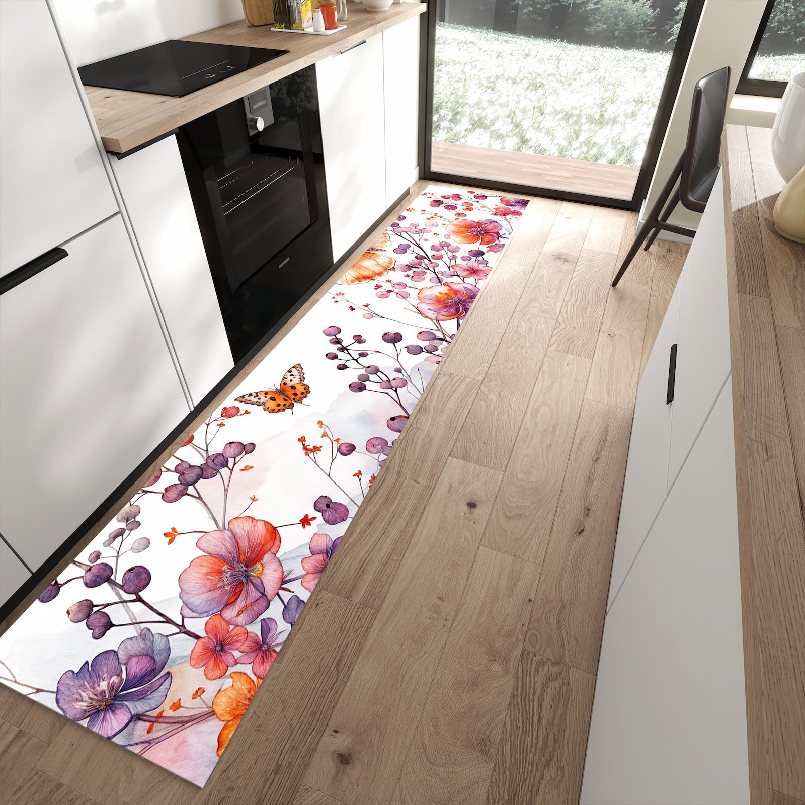 Komfortabler Küchenteppich mit Motiv Blumen und Schmetterlinge in moderner Küche - abwaschbar