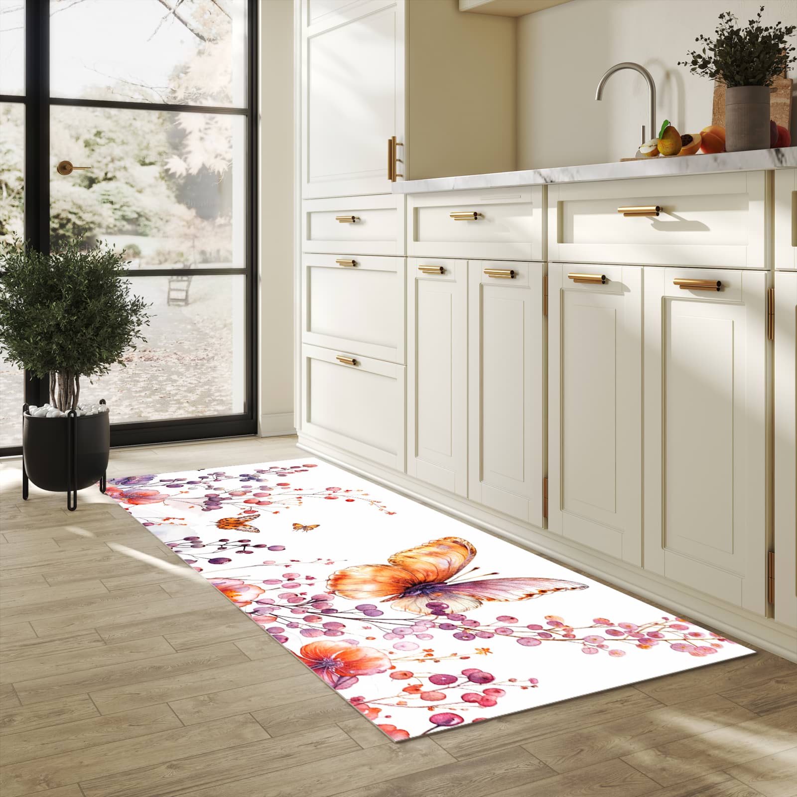 Pflegeleichter moderner Küchenläufer mit Motiv Blumen und Schmetterlinge in heller Küche