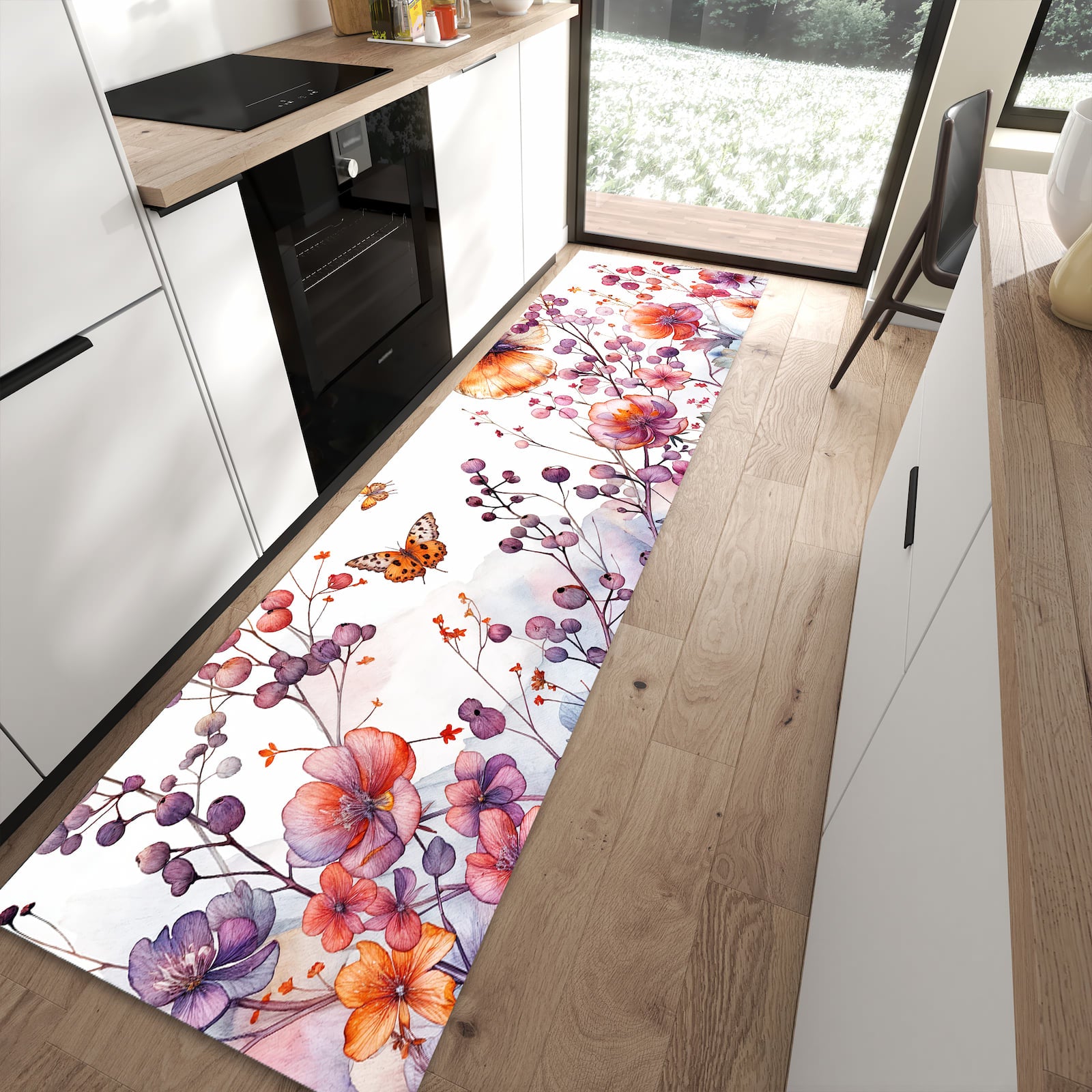 Langlebiger Küchenteppich mit Motiv Blumen und Schmetterlinge in moderner Küche