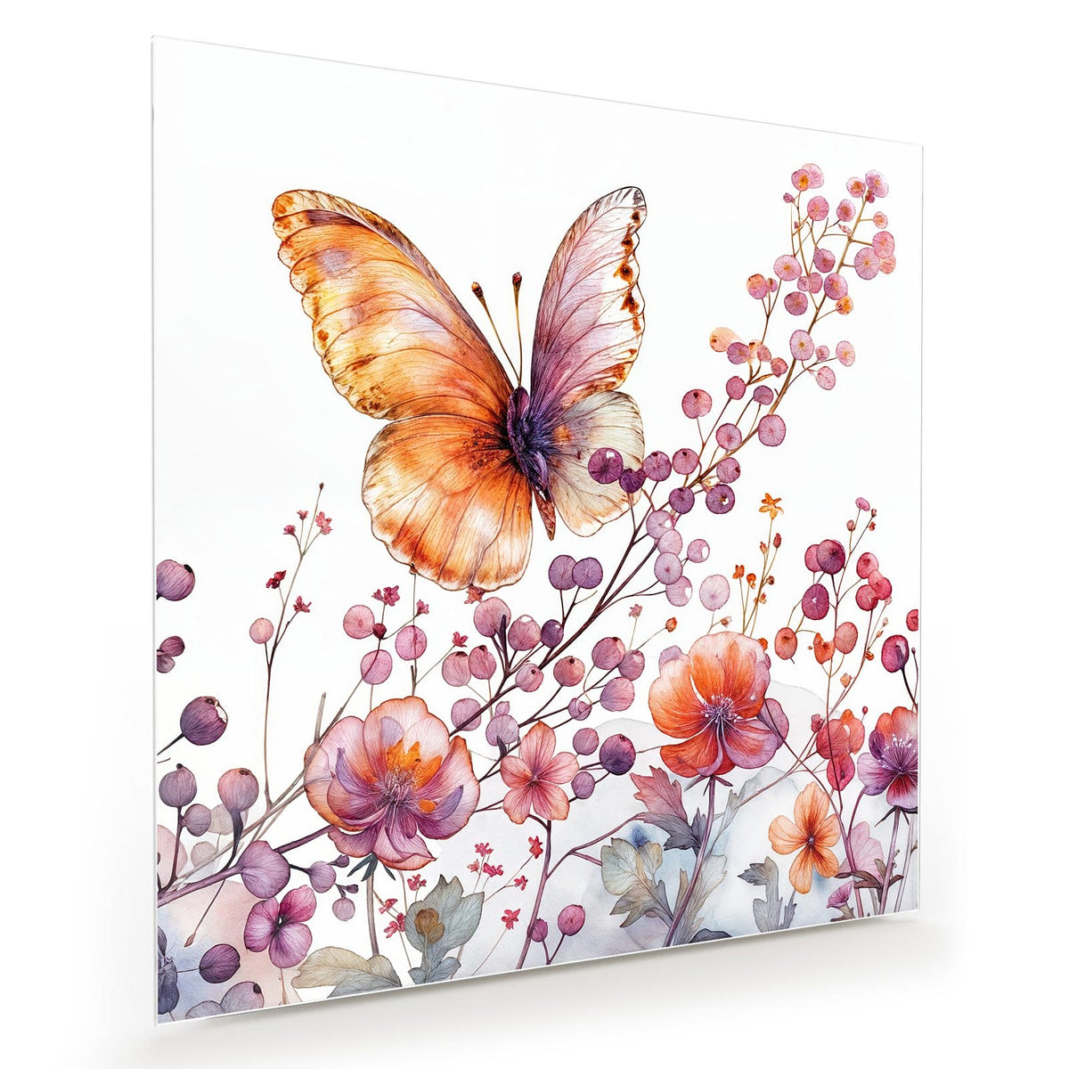 Ein großer oranger Schmetterling über rosa Blütenzweigen, Aquarell
