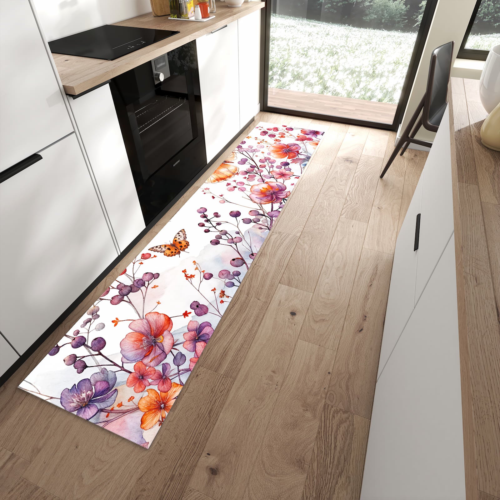 UV-beständiger abwaschbarer Küchenläufer mit Motiv Blumen und Schmetterlinge in moderner Küche