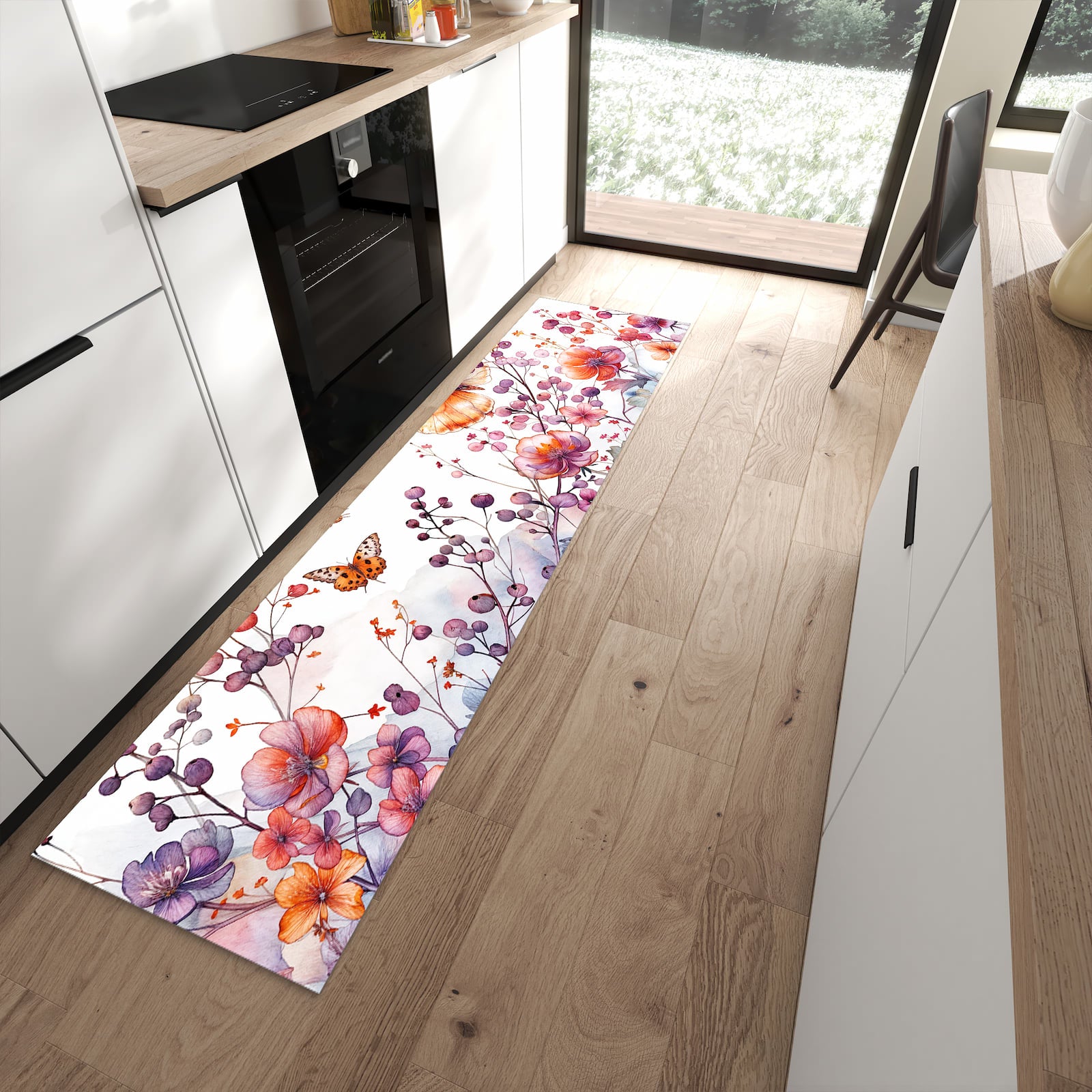 Abriebfester moderner Küchenläufer mit Motiv Blumen und Schmetterlinge in moderner Küche