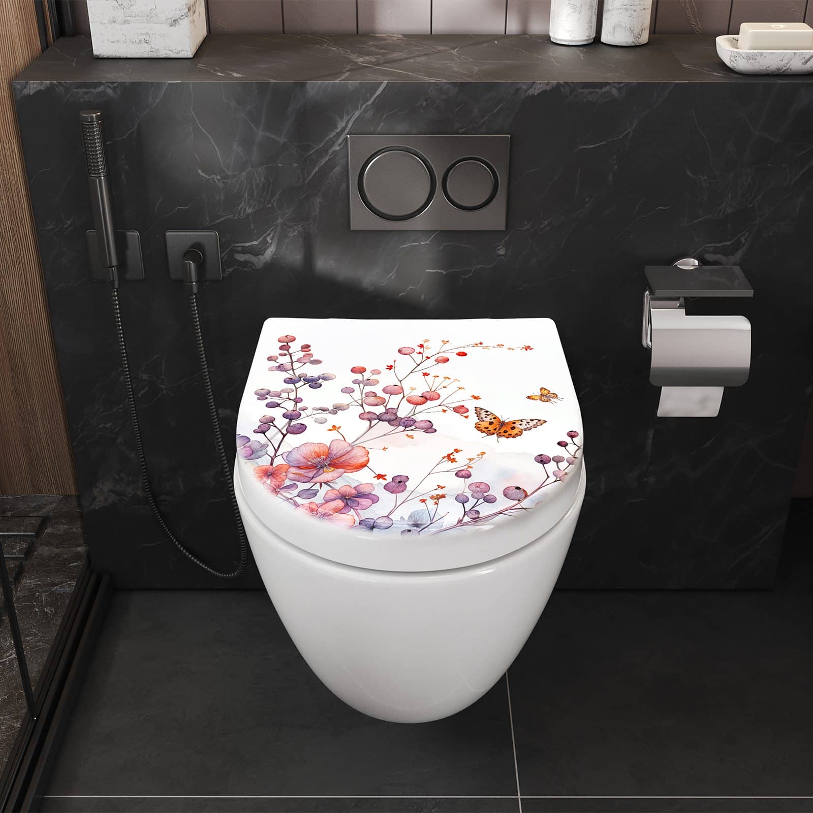 WC-Sitz mit Absenkautomatik Blumen und Schmetterlinge