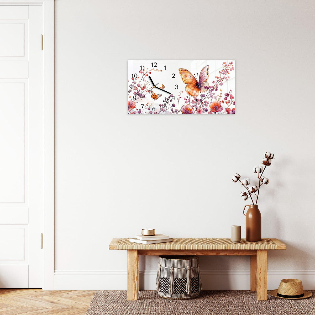 Moderne Wanduhr aus Glas mit Farbtiefe – Wanduhr Blumen und Schmetterlinge aus Glas – Querformat 60 × 30 cm