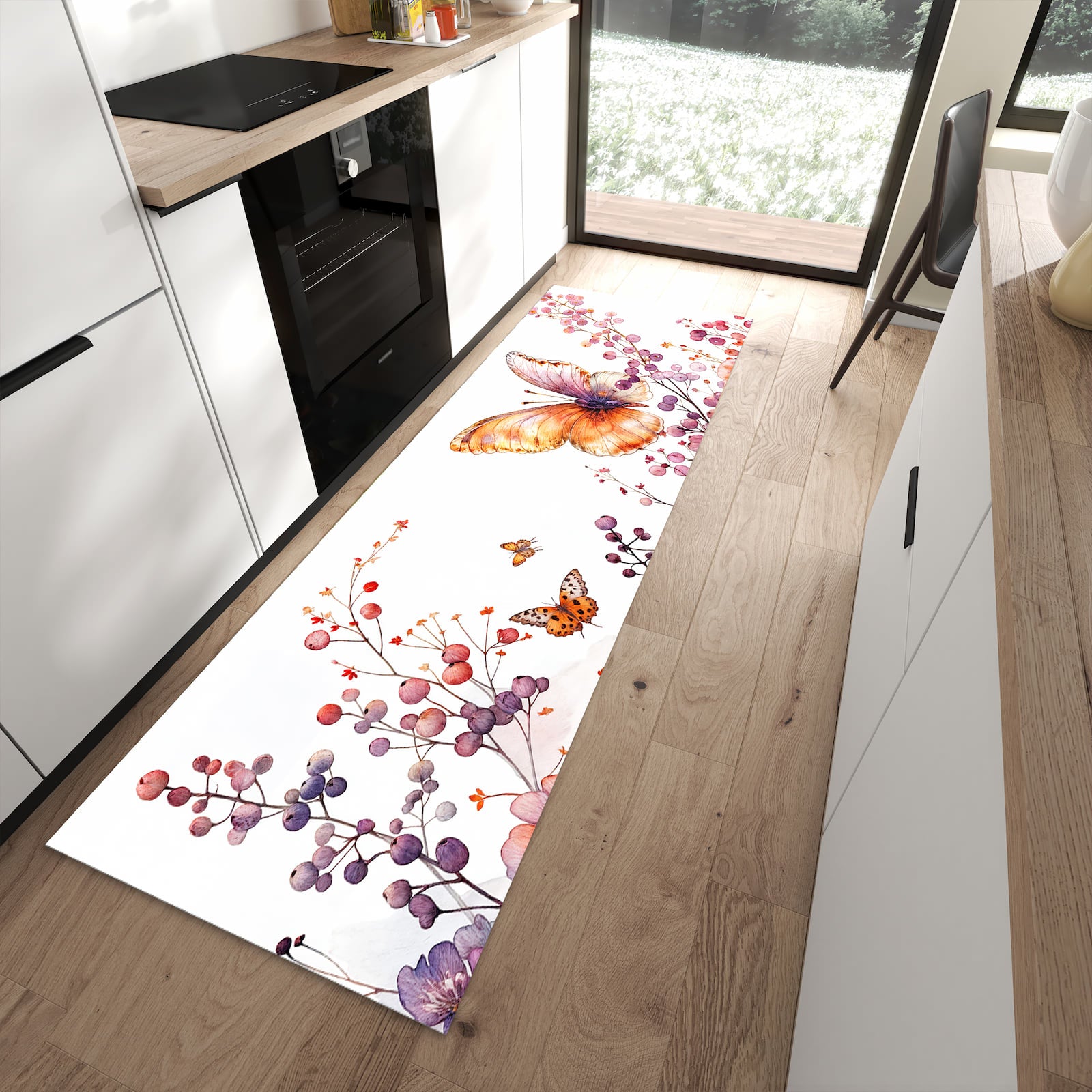 Schmutzabweisender Küchenteppich mit Motiv Blumen und Schmetterlinge in moderner Küche