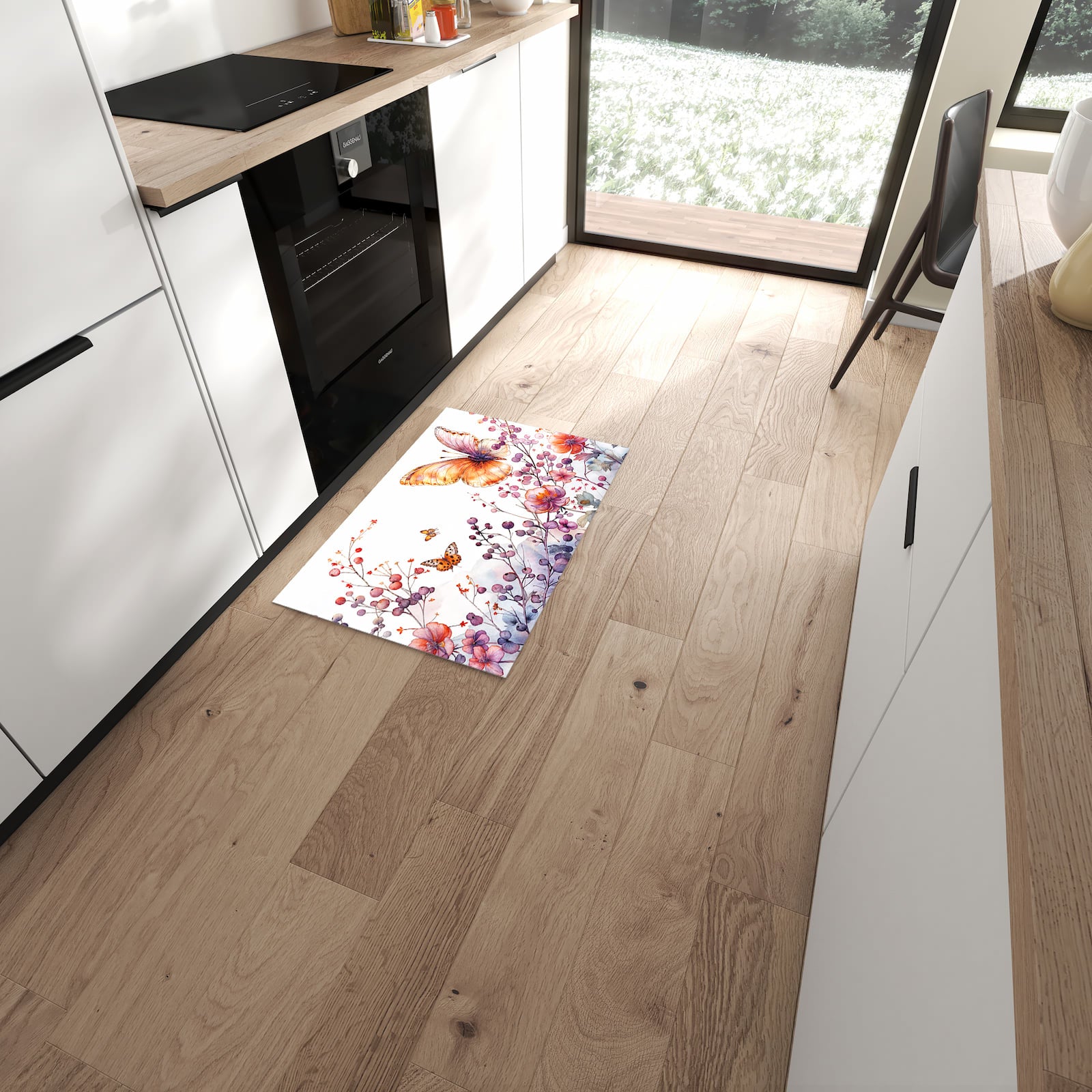 Wasserabweisender Küchenteppich mit Motiv Blumen und Schmetterlinge in moderner Küche