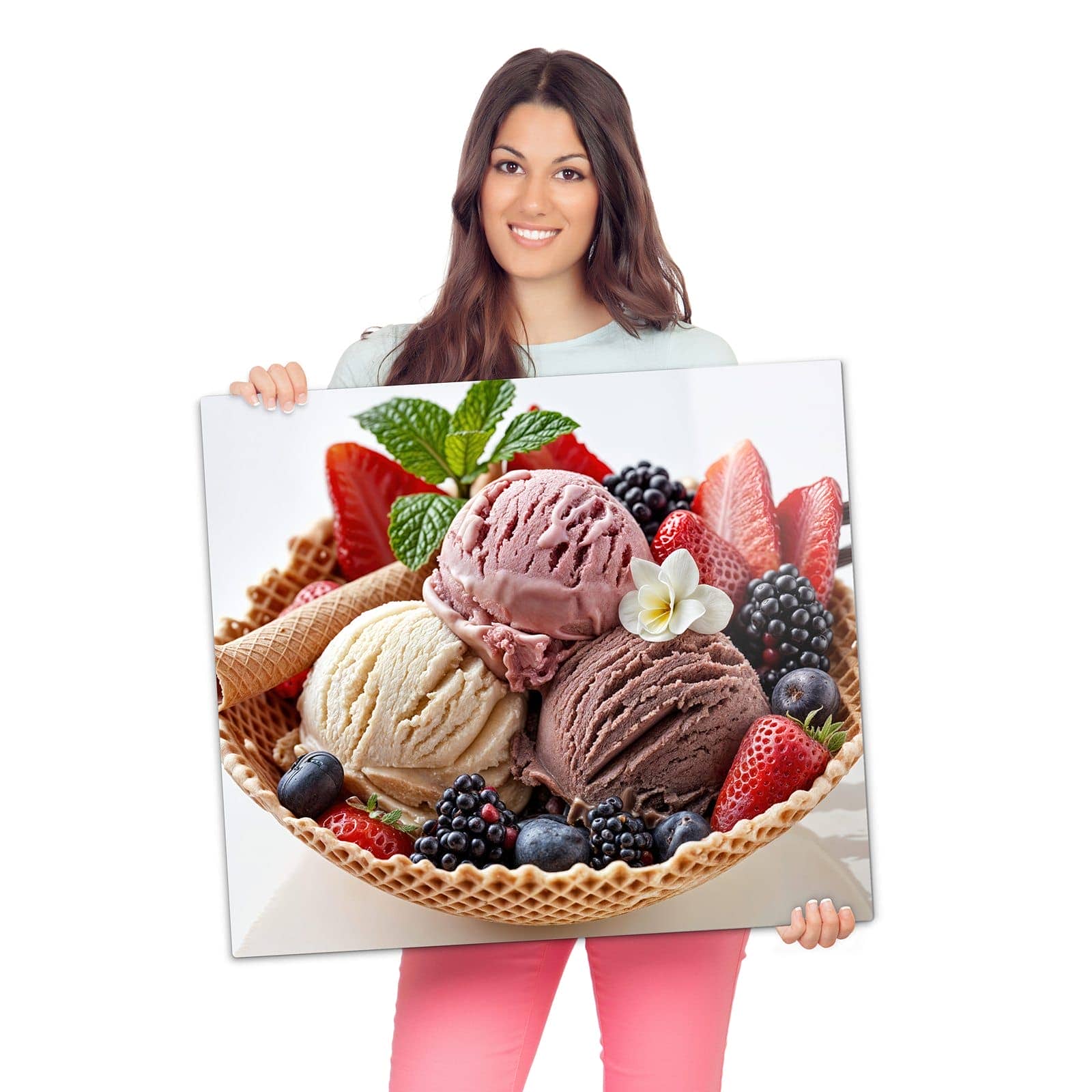 2-teilige Herdabdeckplatte mit Eiswaffelmit Obst-Motiv als Spritzschutz hinter dem Kochfeld