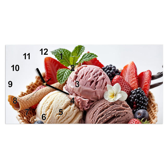 Wanduhr Eiswaffelmit Obst aus Glas – Querformat 60 × 30 cm mit Ziffernblatt Modern