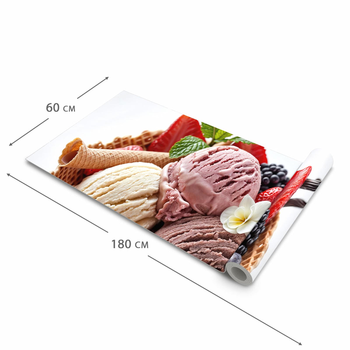 Schmutzabweisender Läufer für die Küche mit Motiv Eiswaffelmit Obst in der Grösse 60x120 cm