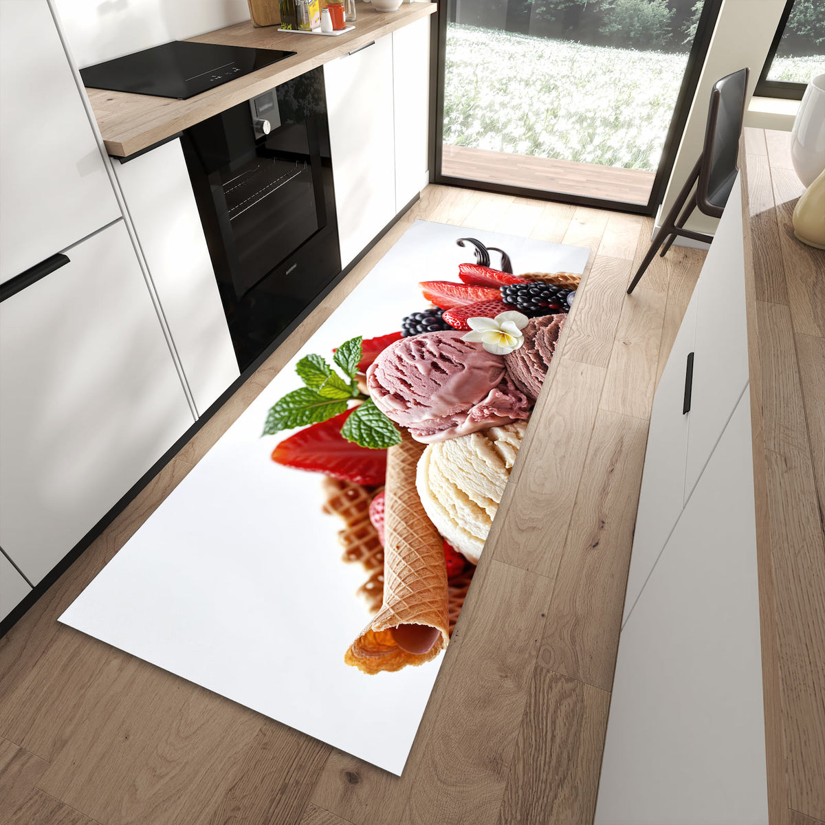 Formstabiler rutschfester Küchenläufer mit Motiv Eiswaffelmit Obst in moderner Küche