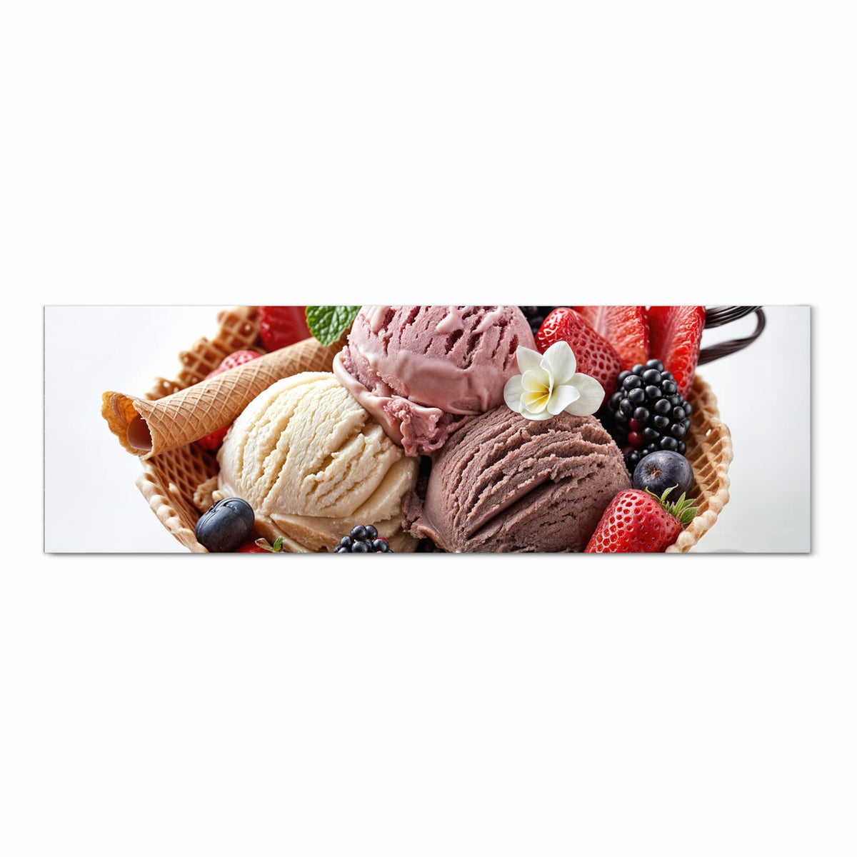 Fleckenresistenter rutschfester Küchenteppich mit Motiv Eiswaffelmit Obst in Frontansicht