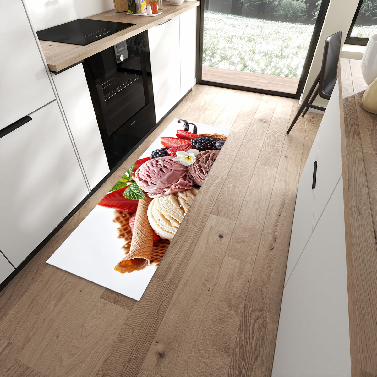 Hygienischer großer Küchenteppich mit Motiv Eiswaffelmit Obst in moderner Küche