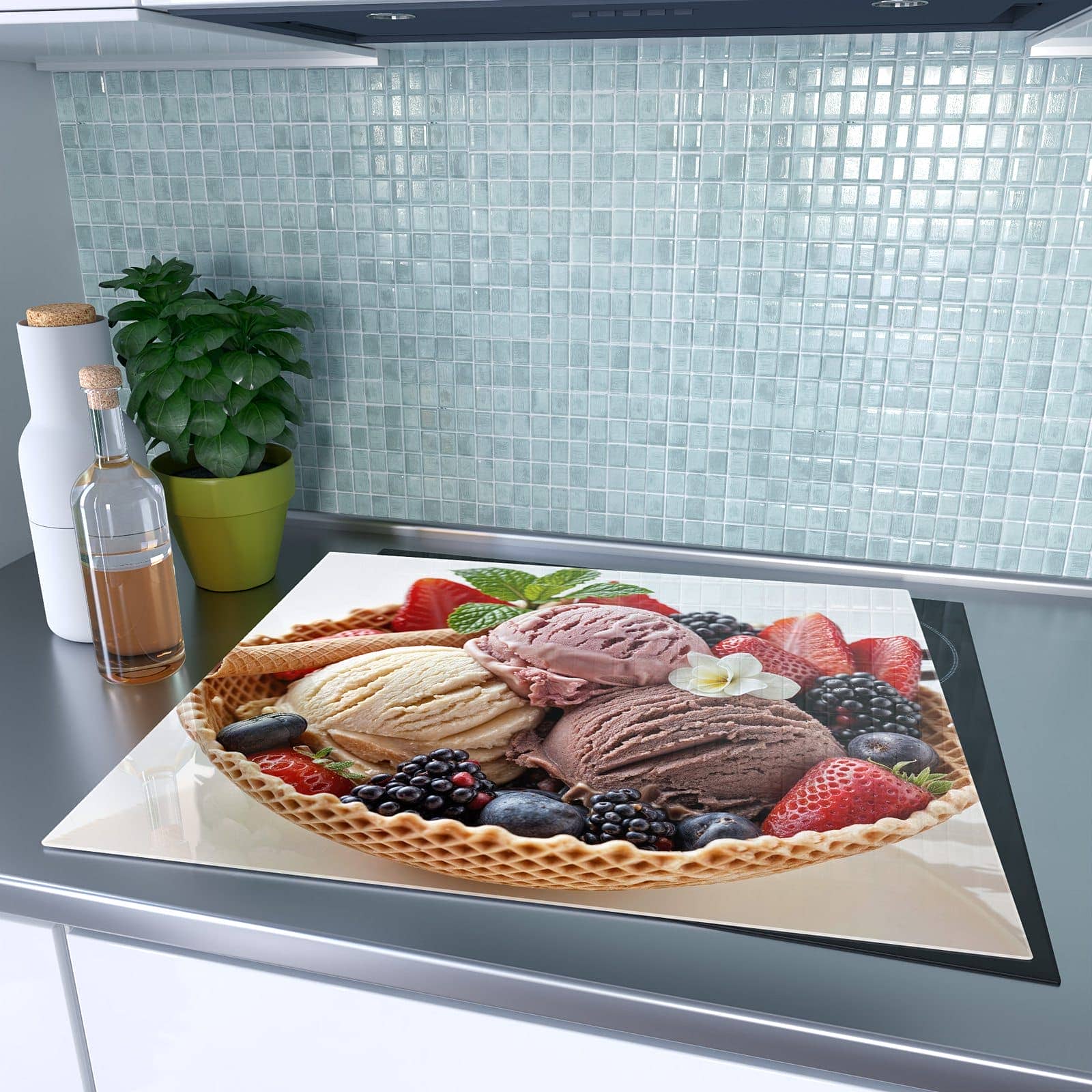 1-teilige Herdabdeckplatte aus Glas mit Eiswaffelmit Obst-Motiv auf dem Ceranfeld