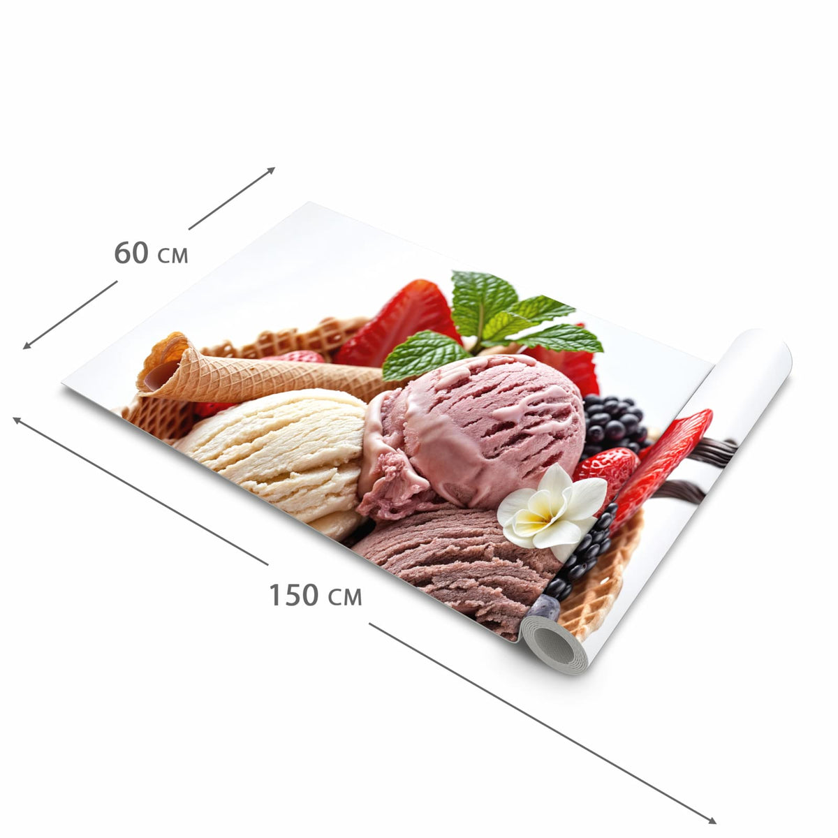 Fleckenresistenter Küchenteppich mit Motiv Eiswaffelmit Obst in der Grösse 60x120 cm