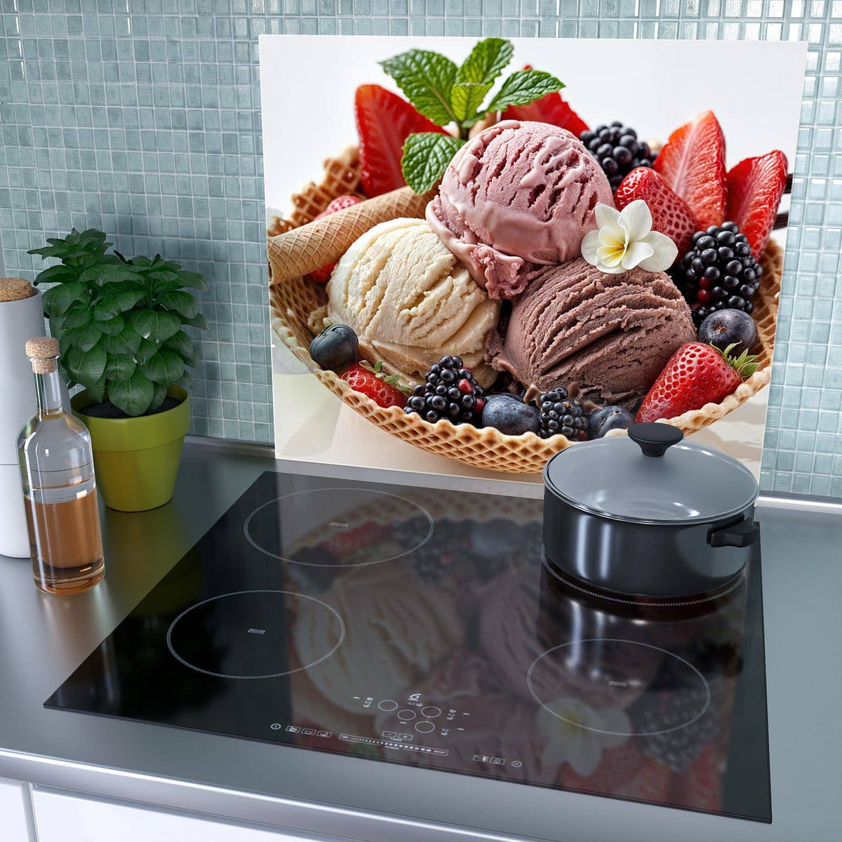 Herdabdeckplatte Eiskugeln mit Beeren – Drei Eiskugeln mit frischen Beeren