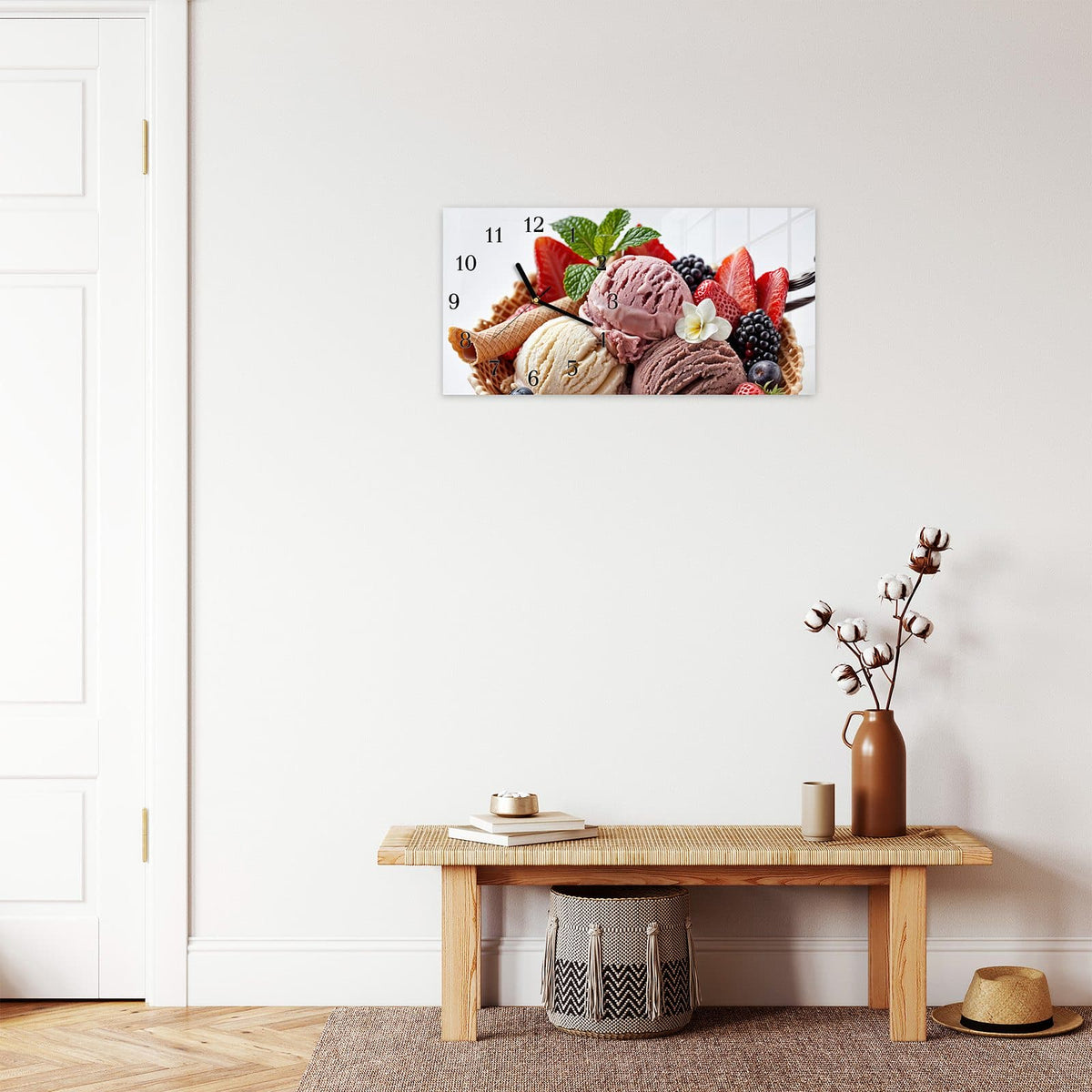Moderne Wanduhr aus Glas mit Farbtiefe – Wanduhr Eiswaffelmit Obst aus Glas – Querformat 60 × 30 cm