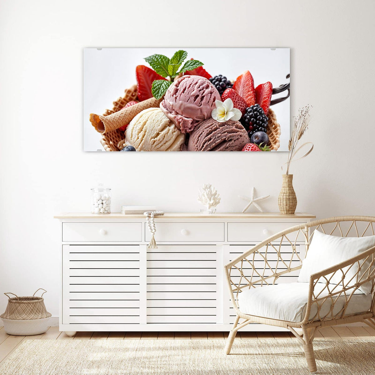 Echtglas, 4 mm – kein Acryl, keine Folie – Wandbild - Eiskugeln mit Beeren - Querformat