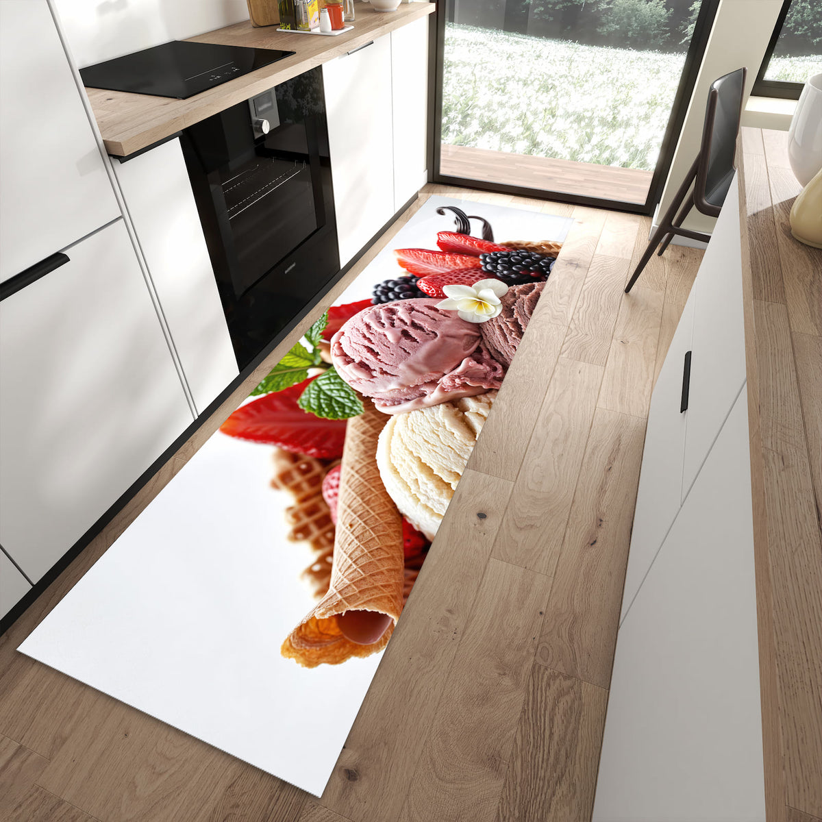 Rutschfester Küchenläufer mit Motiv Eiswaffelmit Obst für Ordnung in moderner Küche