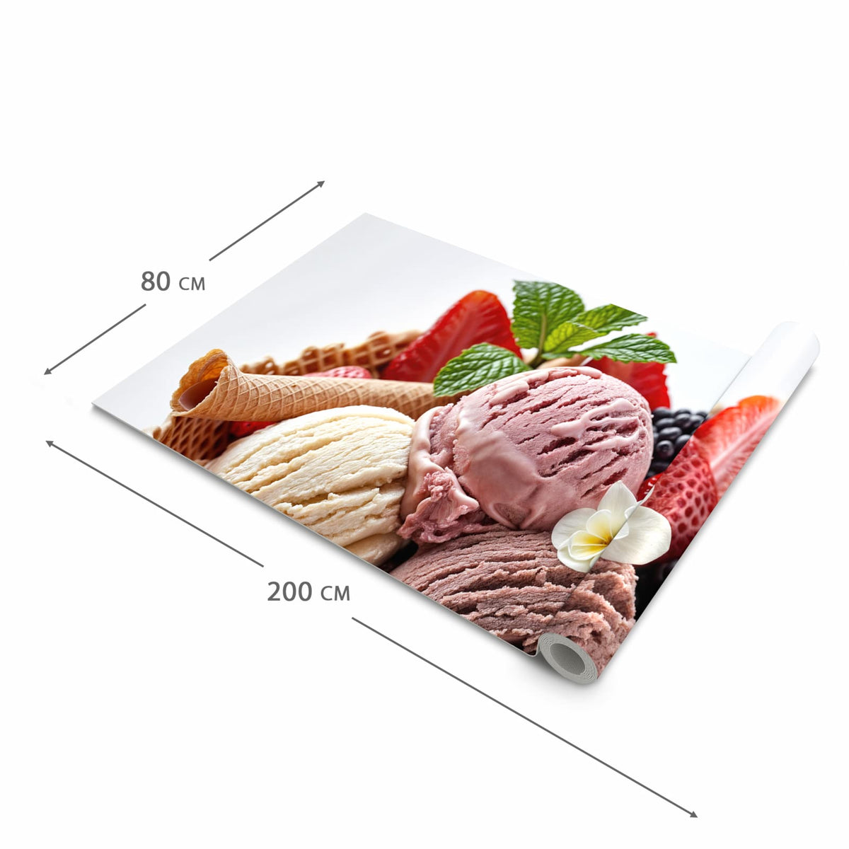 Komfortabler waschbarer Küchenteppich mit Motiv Eiswaffelmit Obst in der Grösse 60x150 cm